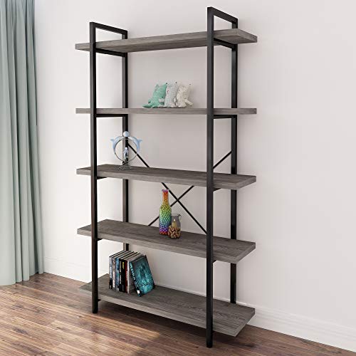 Vintage Industrial 5-Tier Bookcase, Gray Oak Wood Collection