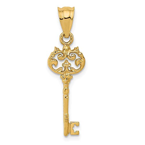 14K Yellow Gold Antique Filigree Key Necklace Charm