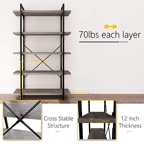 Vintage Industrial 5-Tier Bookcase, Gray Oak Wood Collection