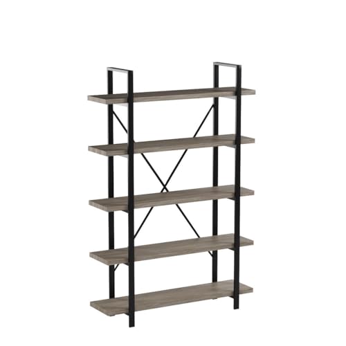 Vintage Industrial 5-Tier Bookcase, Gray Oak Wood Collection