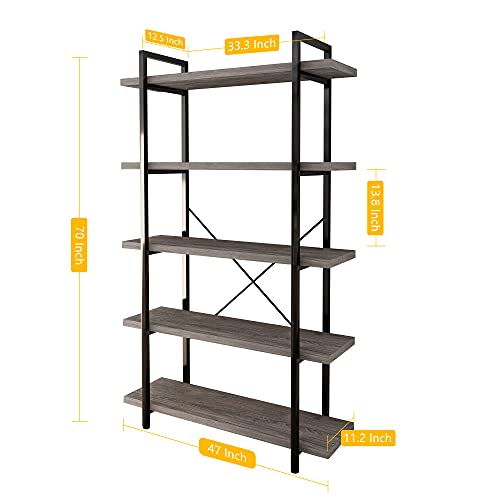 Vintage Industrial 5-Tier Bookcase, Gray Oak Wood Collection