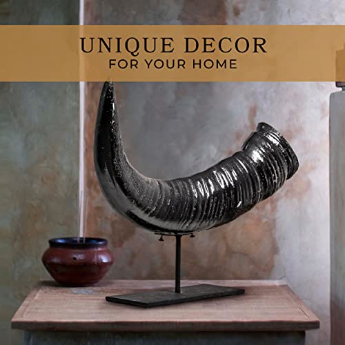 Skull Bliss: Authentic Buffalo Horn on Stand - Norse/Viking Decor