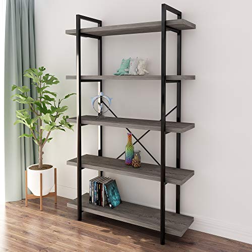 Vintage Industrial 5-Tier Bookcase, Gray Oak Wood Collection