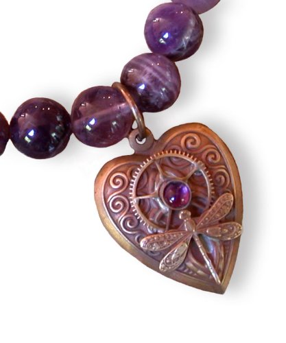 Brass Dragonfly Bracelet with Vintage Gear on Heart - Amethyst