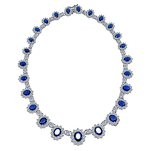 Bridal Oval Halo CZ Statement Necklace, Sapphire Silver
