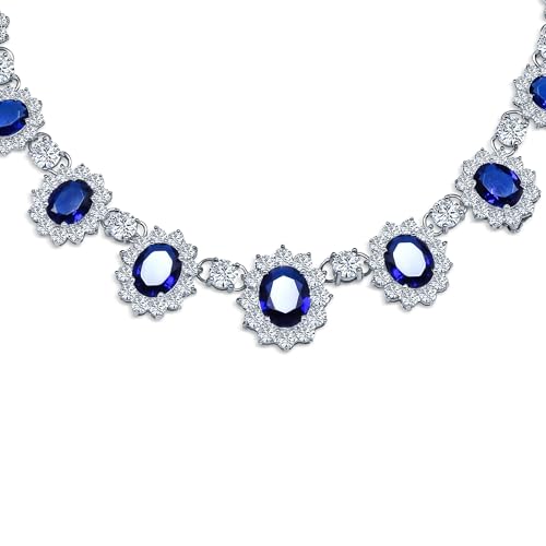 Bridal Oval Halo CZ Statement Necklace, Sapphire Silver
