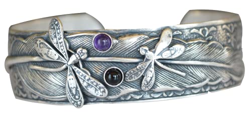 Elaine Coyne Artwear Mirror Silver Dragonflies Cuff - Amethyst, Onyx