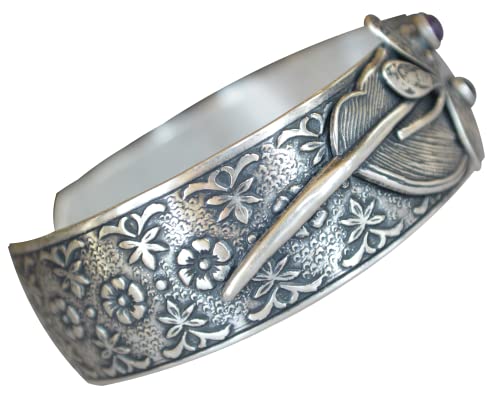 Elaine Coyne Artwear Mirror Silver Dragonflies Cuff - Amethyst, Onyx