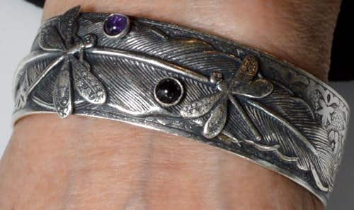 Elaine Coyne Artwear Mirror Silver Dragonflies Cuff - Amethyst, Onyx