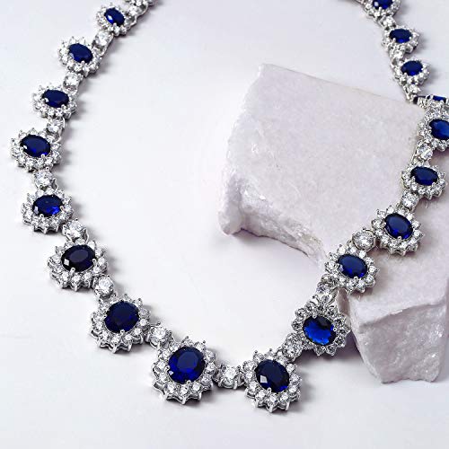 Bridal Oval Halo CZ Statement Necklace, Sapphire Silver