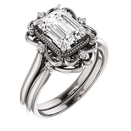 Vintage Antique 2 CT Emerald Cut Moissanite Ring Set