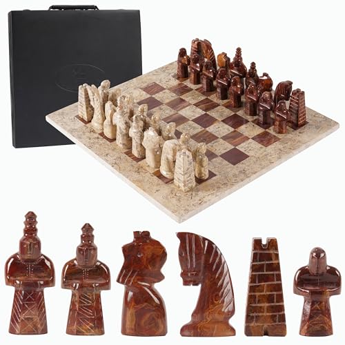 Handmade Coral & Red Marble Chess Set with Storage Box