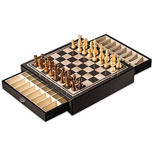 Luxurious Designer Carbon Fiber Chess Set - Modern Elegantvip Smart Shopper Design, 13.5" with Drawer Storage