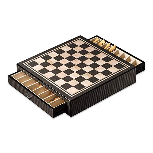 Luxurious Designer Carbon Fiber Chess Set - Modern Elegantvip Smart Shopper Design, 13.5" with Drawer Storage