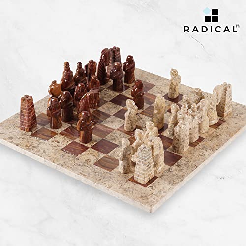 Handmade Coral & Red Marble Chess Set with Storage Box