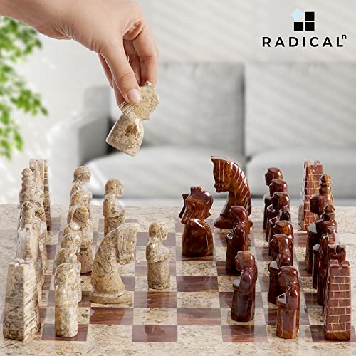 Handmade Coral & Red Marble Chess Set with Storage Box