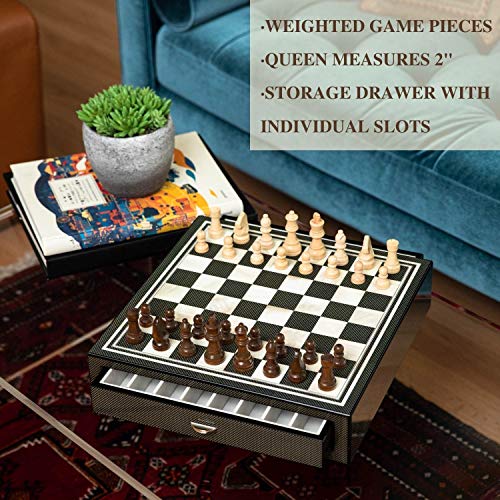 Luxurious Designer Carbon Fiber Chess Set - Modern Elegantvip Smart Shopper Design, 13.5" with Drawer Storage
