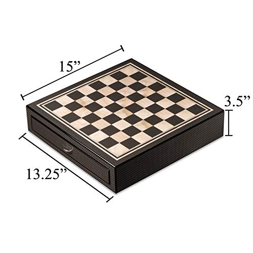 Luxurious Designer Carbon Fiber Chess Set - Modern Elegantvip Smart Shopper Design, 13.5" with Drawer Storage