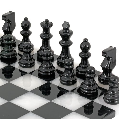 Alabaster Chess Set, 14 Inches, Black and White