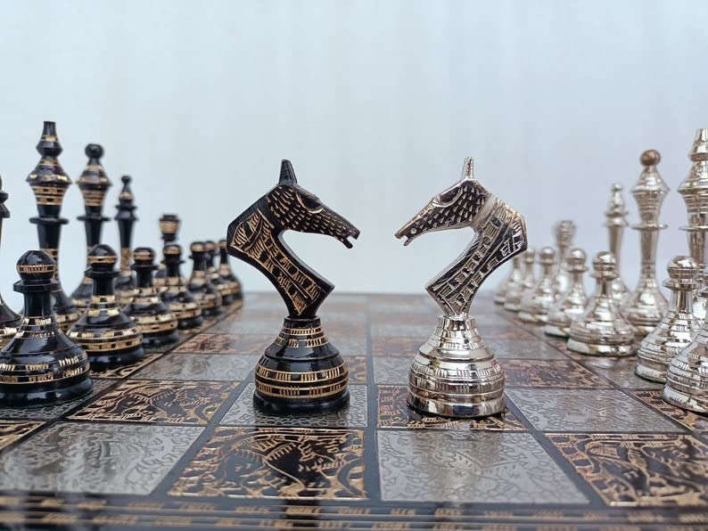14" Russian Soviet Metal Chess Set with Velvet Box