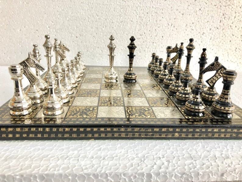 14" Russian Soviet Metal Chess Set with Velvet Box