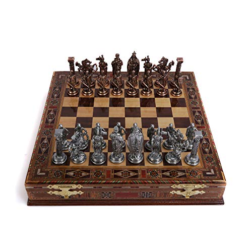 Antique Copper Metal Chess Set and Wooden Board
