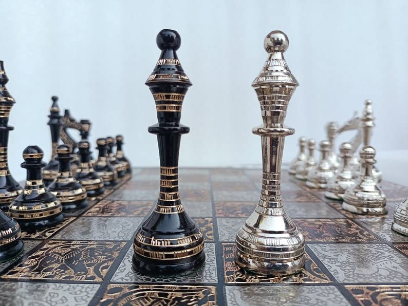 14" Russian Soviet Metal Chess Set with Velvet Box