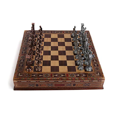 Antique Copper Metal Chess Set and Wooden Board