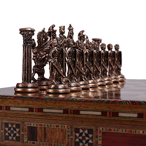 Antique Copper Metal Chess Set and Wooden Board