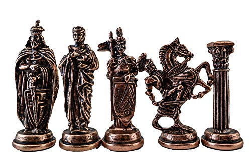 Antique Copper Metal Chess Set and Wooden Board