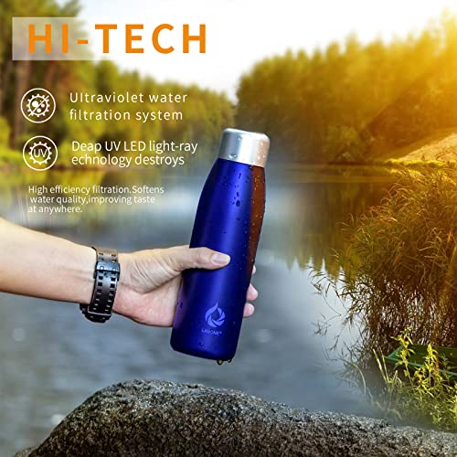 Blue Stainless Steel Water Bottle with Self-Cleaning UV Purifier