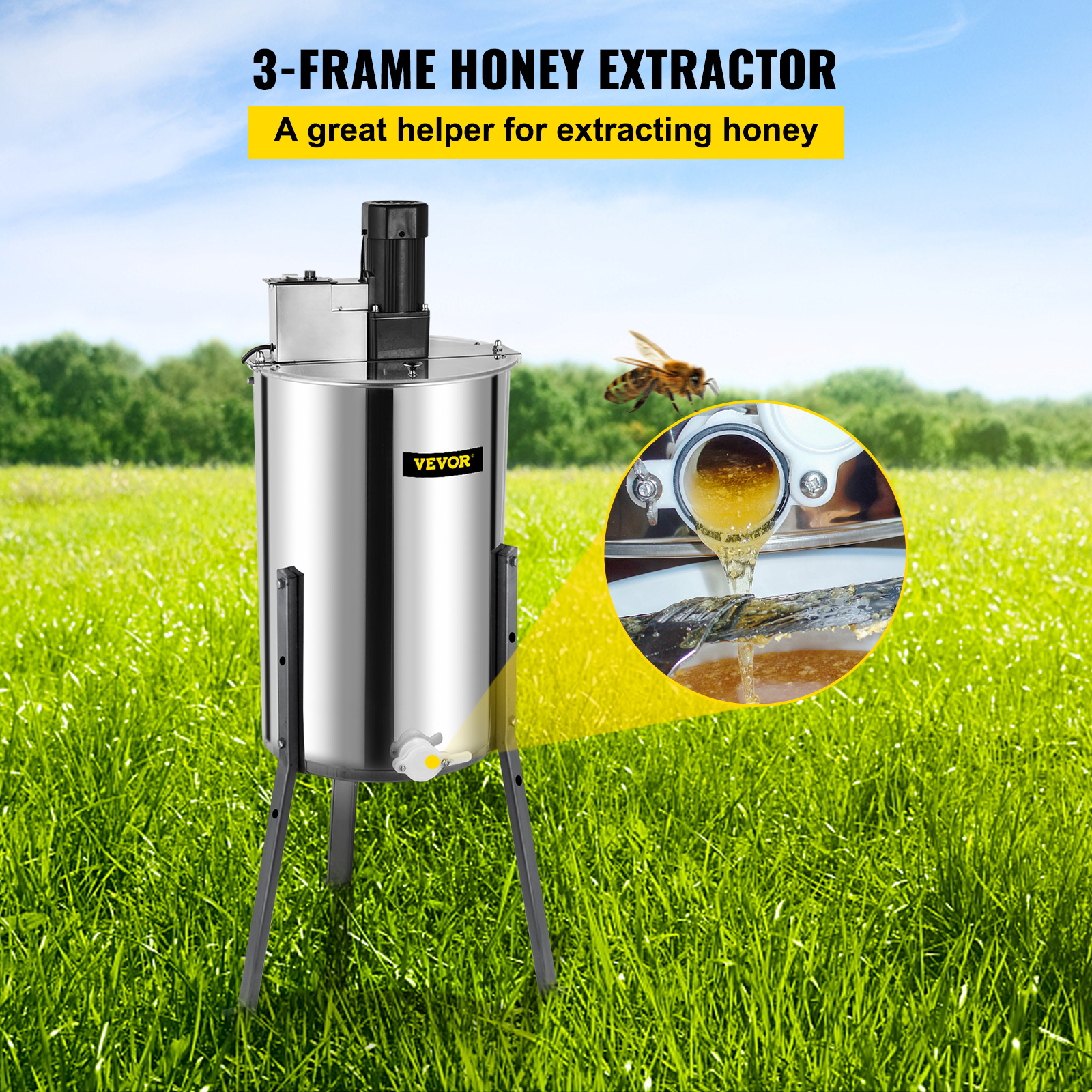 VEVOR 3 Frame Electric Honey Extractor: Stainless Steel