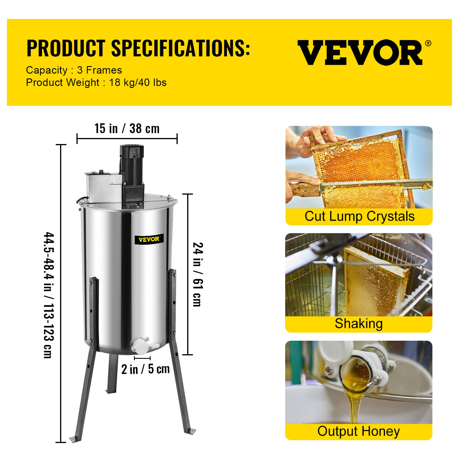 VEVOR 3 Frame Electric Honey Extractor: Stainless Steel