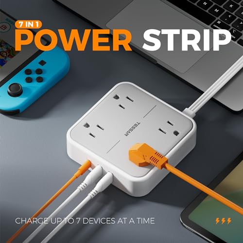 TESSAN Flat Plug Power Bar with USB C
