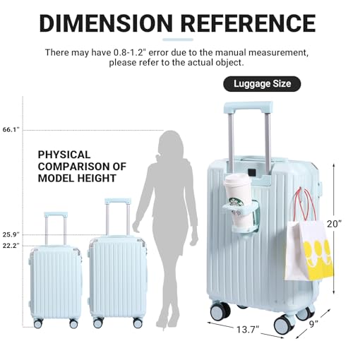 Blue Carry-On Luggage with Cup Holder and USB