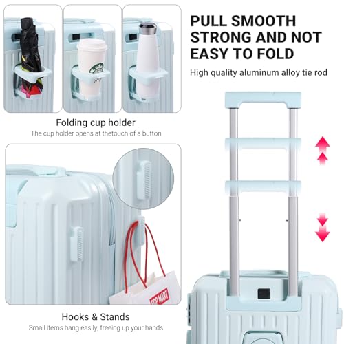 Blue Carry-On Luggage with Cup Holder and USB