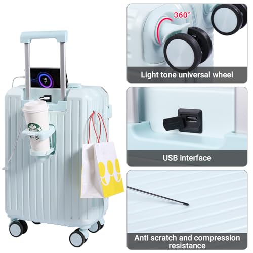 Blue Carry-On Luggage with Cup Holder and USB