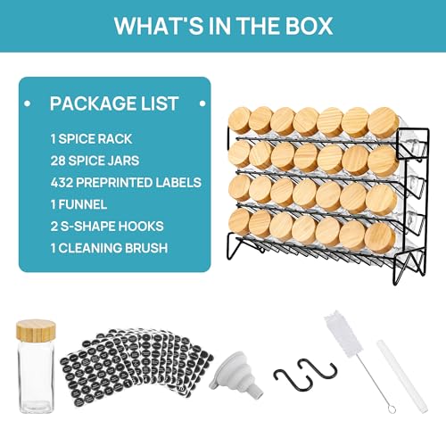 4-Tier Spice Rack with 28 Jars and Labels