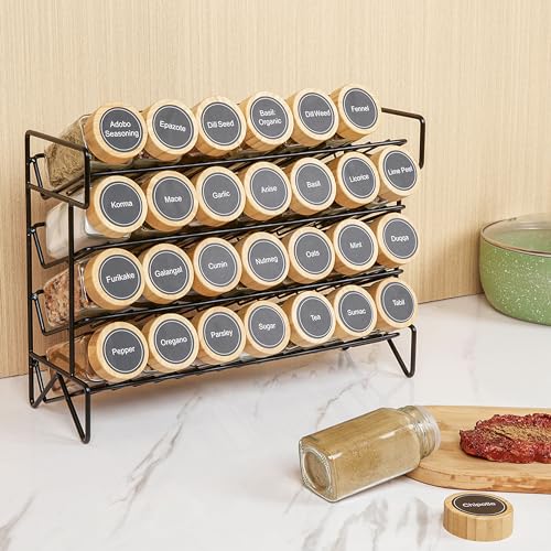 4-Tier Spice Rack with 28 Jars and Labels