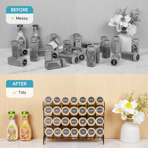 4-Tier Spice Rack with 28 Jars and Labels
