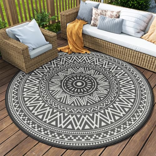 VIP Boho Round Outdoor Rug Waterproof 6FT Grey/White