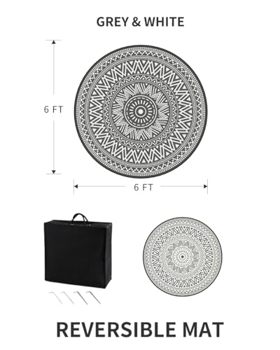 VIP Boho Round Outdoor Rug Waterproof 6FT Grey/White