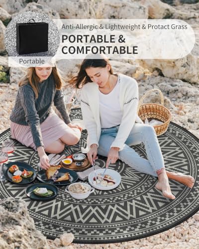 VIP Boho Round Outdoor Rug Waterproof 6FT Grey/White