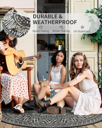 VIP Boho Round Outdoor Rug Waterproof 6FT Grey/White