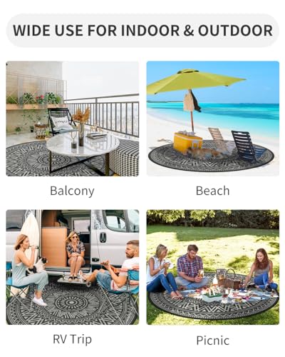 VIP Boho Round Outdoor Rug Waterproof 6FT Grey/White