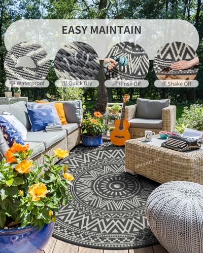 VIP Boho Round Outdoor Rug Waterproof 6FT Grey/White