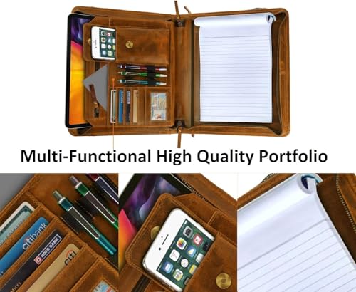 Executive Leather Portfolio with Zipper for Professional Men/Women