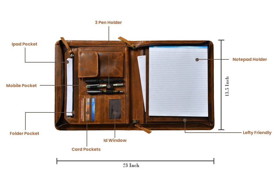 Executive Leather Portfolio with Zipper for Professional Men/Women