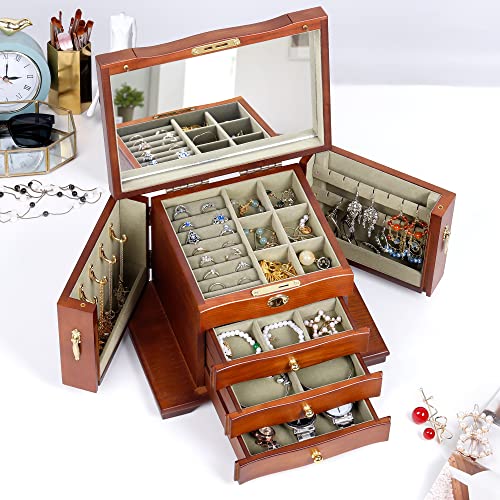 Vintage Solid Wood Jewelry Box Organizer with Mirror