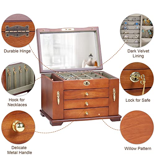 Vintage Solid Wood Jewelry Box Organizer with Mirror